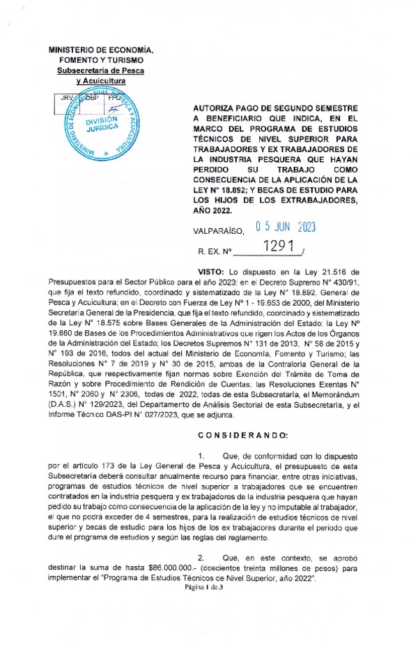 Res. Ex. N° 1291-2023 Autoriza pago de segundo semestre a beneficiario que indica, en el marco del programa que señala. (Publicado en Página Web 07-06-2023)