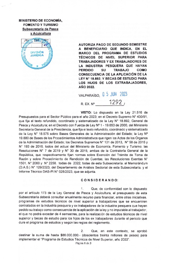 Res. Ex. N° 1292-2023 Autoriza pago de segundo semestre a beneficiario que indica, en el marco del programa que señala. (Publicado en Página Web 07-06-2023)