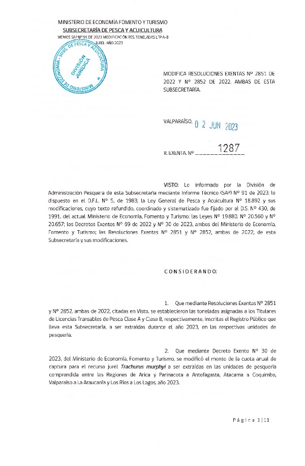 Res. Ex. N° 1287-2023 Modifica Res. Ex. N° 2851 y N° 2852, ambas de 2022 Establece Toneladas para Titulares de LTP clase A y Clase B, Año 2023. (Publicado en Página Web 09-06-2023) (F.D.O. 09-06-2023)