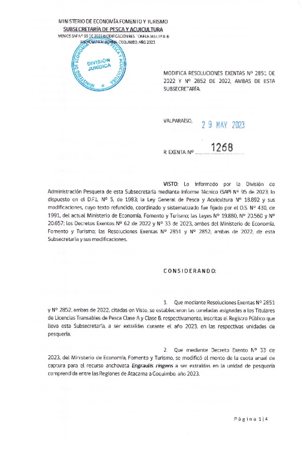 Res. Ex. N° 1268-2023 Modifica Res. Ex. N° 2851 y N° 2852, ambas de 2022 Establece Toneladas para Titulares de LTP clase A y Clase B, Año 2023. (Publicado en Página Web 09-06-2023) (F.D.O. 09-06-2023)