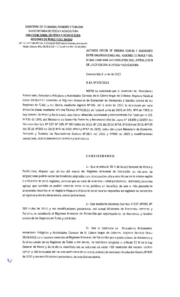 Res. Ex. N° 070-2023 (DZP Ñuble y del Biobío) Autoriza cesión Sardina común y Anchoveta. (Publicado en Página Web 09-06-2023)