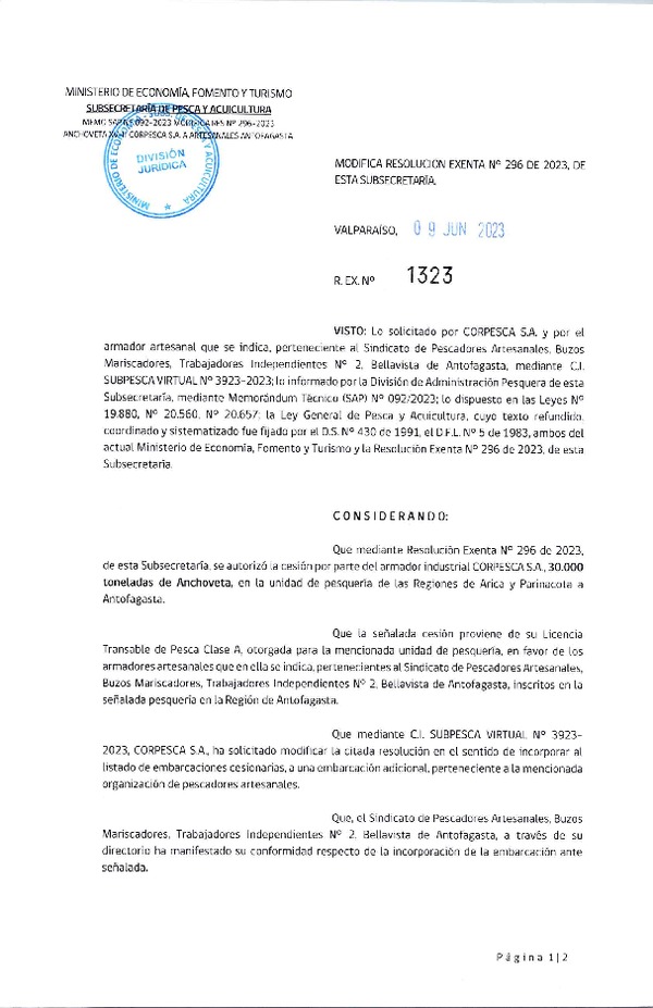 Res. Ex. N° 1323-2023 Modifica 	Res. Ex. N°0296-2023 Autoriza cesión Industrial-Artesanal unidad de Pesquería Anchoveta, Regiones de Arica y Parinacota a Antofagasta. (Publicado en Página Web 09-06-2023)