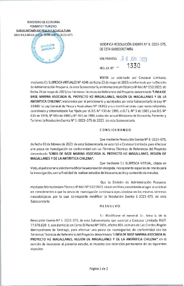 Res. Ex. N° 1330-2023 Modifica Res Ex N° E-2023-075 Autoriza a Costasur Ltda. para realizar Pesca de Investigación que indica(Publicado en Página Web 09-06-2023).