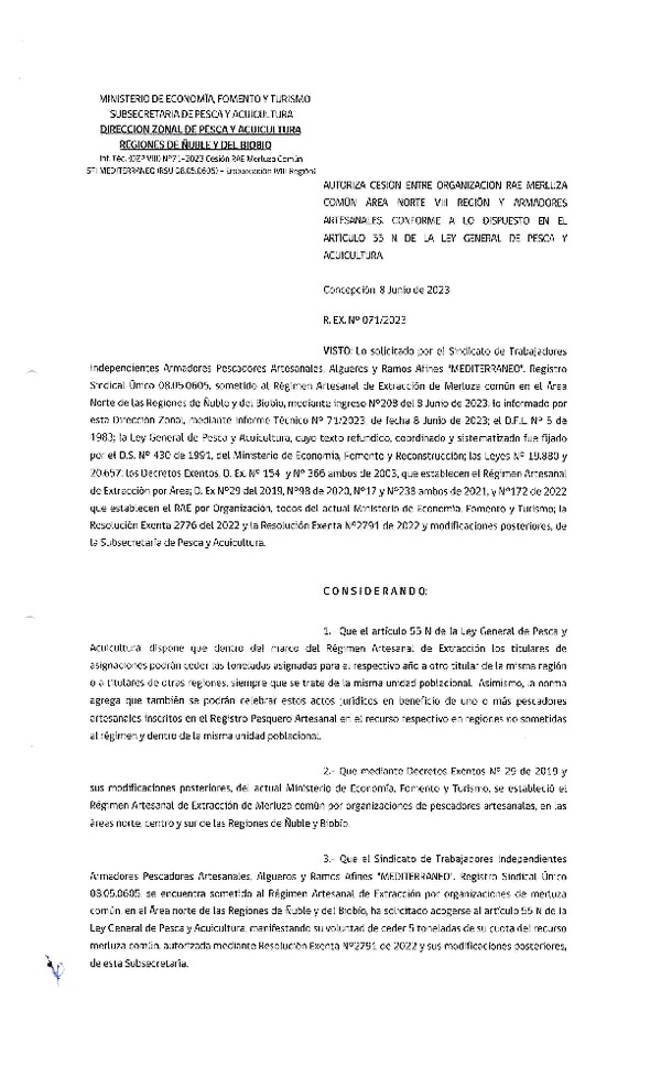 Res. Ex. N° 071-2023 (DZP Ñuble y del Biobío) Autoriza cesión Merluza común. (Publicado en Página Web 09-06-2023)