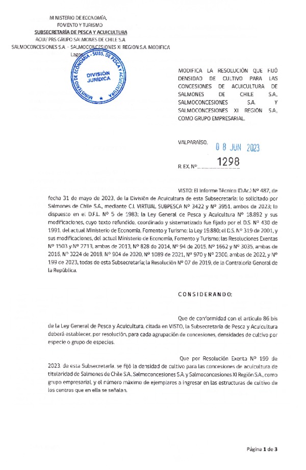 Res. Ex. N° 1298-2023 Modifica Res. Ex. N°0199-2023 Fija densidad de cultivo para las concesiones de Acuicultura de Salmones de Chile S.A., Salmoconcesiones S.A. y Saloconcesiones XI Región S.A. como grupo Empresarial, Aprueba programa de manejo que indica. (Con Informe Técnico) (Publicado en Página Web 13-06-2023)