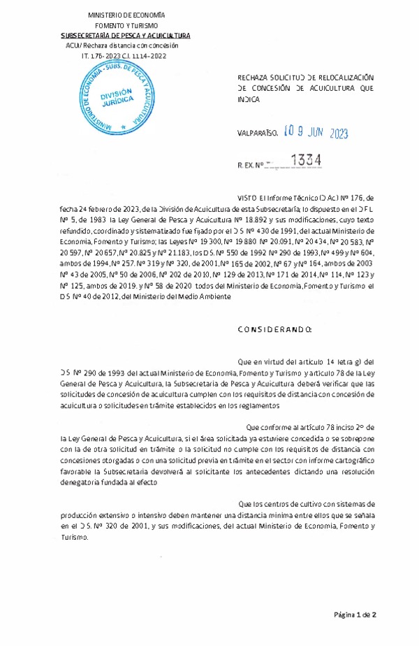 Res. Ex. N° 1334-2023 Rechaza solicitud de concesión de acuicultura que indica.