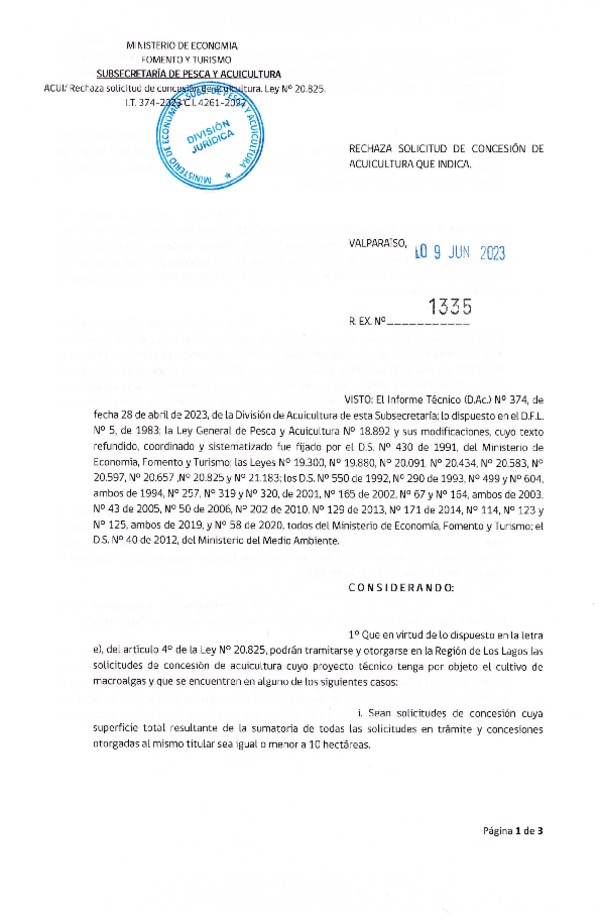 Res. Ex. N° 1335-2023 Rechaza solicitud de concesión de acuicultura que indica.