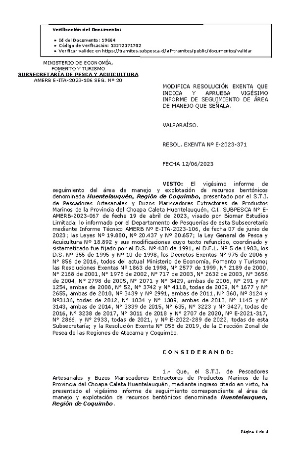 RESOL. EXENTA Nº E-2023-371 Aprueba 20° Seguimiento. (Publicado en Página Web 13-06-2023)