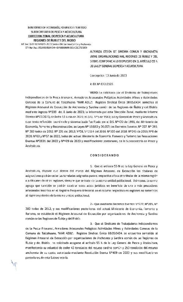 Res. Ex. N° 072-2023 (DZP Ñuble y del Biobío) Autoriza cesión Sardina común y Anchoveta. (Publicado en Página Web 14-06-2023)