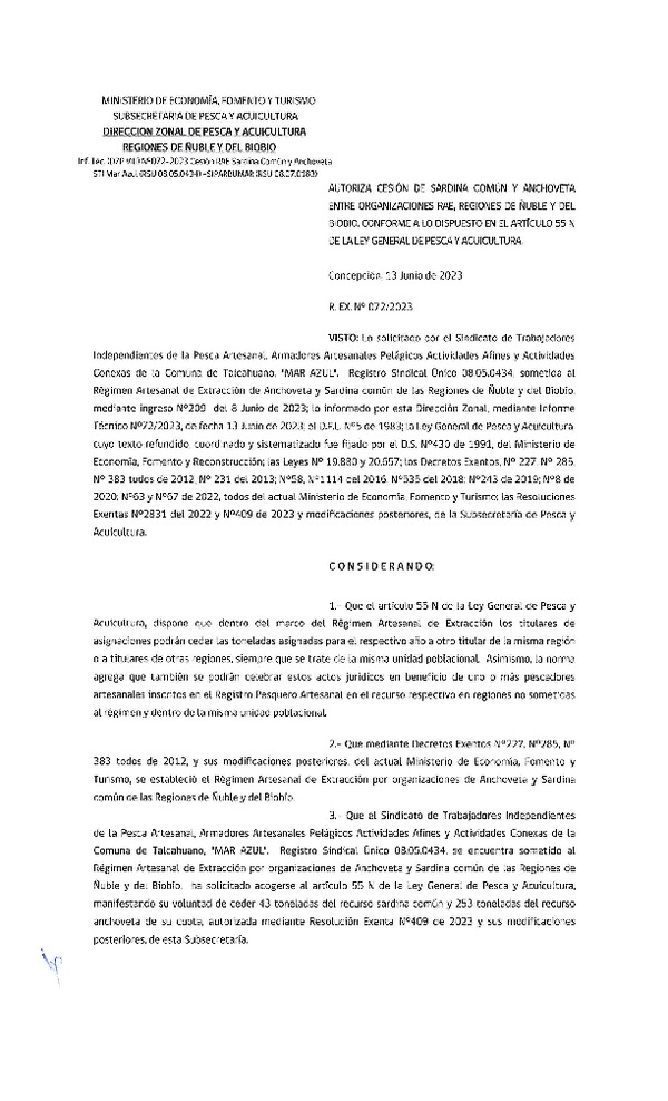 Res. Ex. N° 072-2023 (DZP Ñuble y del Biobío) Autoriza cesión Sardina común y Anchoveta. (Publicado en Página Web 14-06-2023)