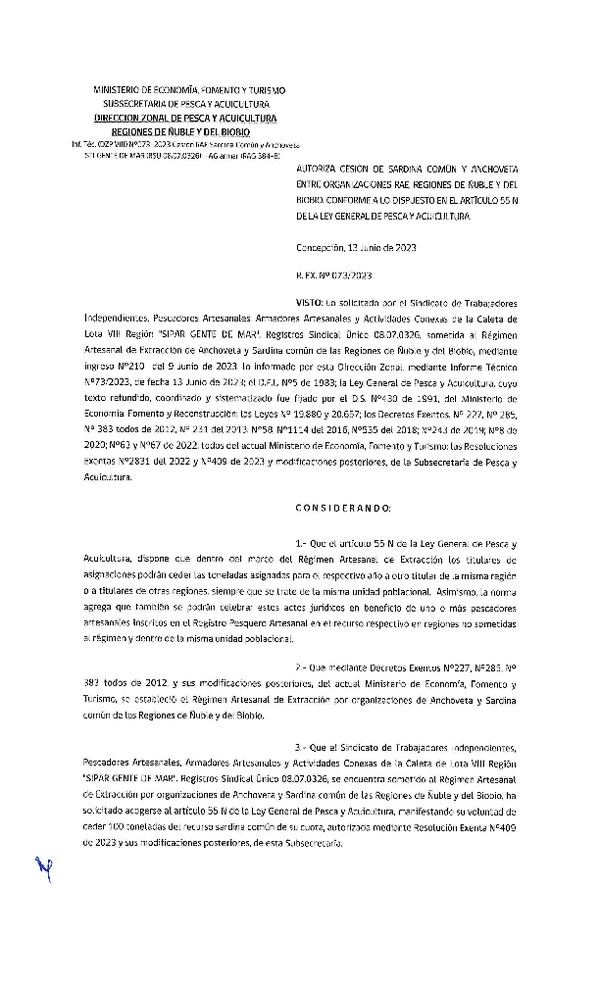 Res. Ex. N° 073-2023 (DZP Ñuble y del Biobío) Autoriza cesión Sardina común y Anchoveta. (Publicado en Página Web 14-06-2023)