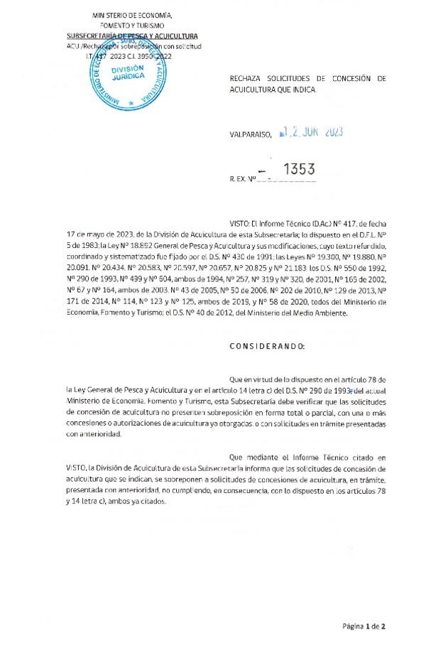 Res. Ex. N° 1353-2023 Rechaza solicitud de concesión de acuicultura que indica.