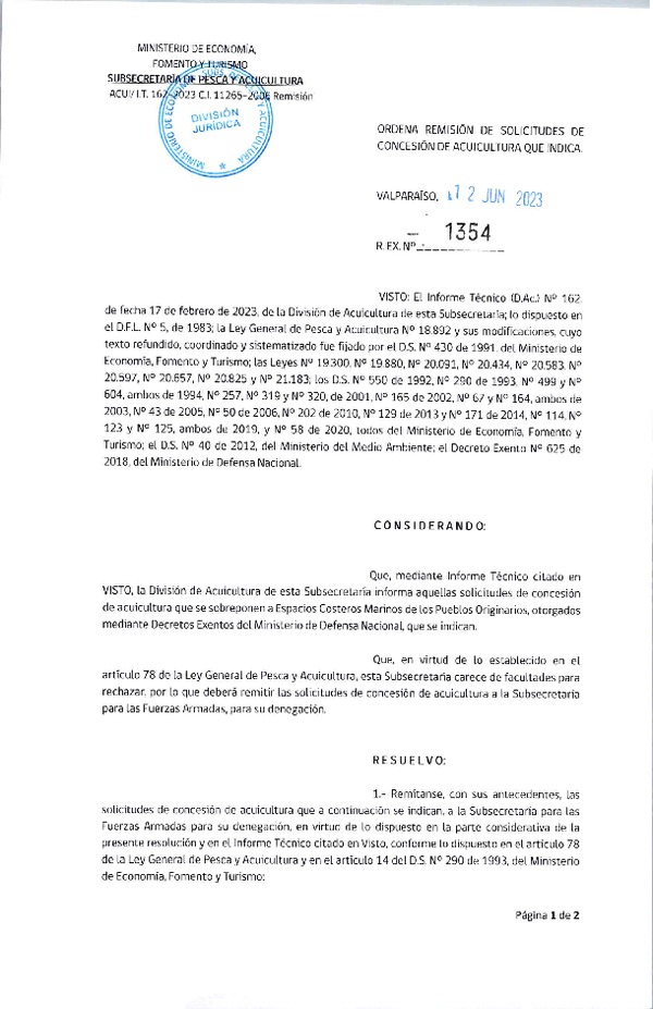 Res. Ex. N° 1354-2023 Ordena remisión de solicitudes de concesión de acuicultura que indica.