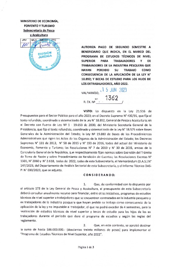 Res. Ex. N° 1362-2023 Autoriza pago de segundo semestre a beneficiario que indica, en el marco del programa que señala. (Publicado en Página Web 15-06-2023)