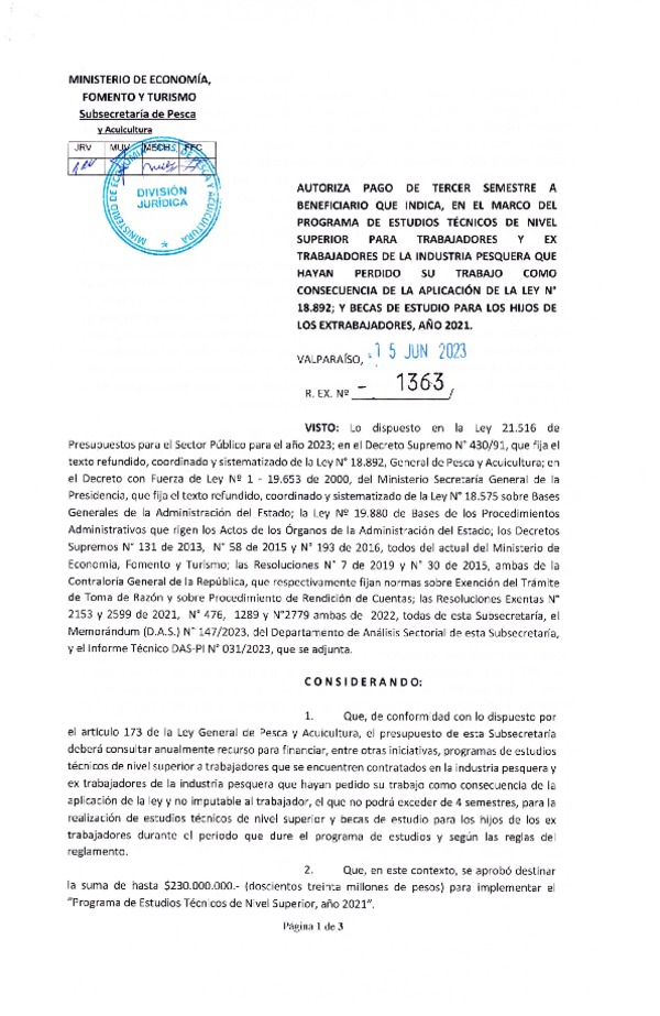 Res. Ex. N° 1363-2023 Autoriza pago de tercer semestre a beneficiario que indica, en el marco del programa que señala. (Publicado en Página Web 15-06-2023)