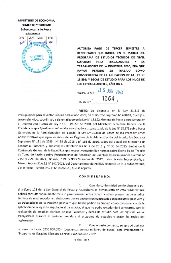 Res. Ex. N° 1364-2023 Autoriza pago de tercer semestre a beneficiario que indica, en el marco del programa que señala. (Publicado en Página Web 15-06-2023)