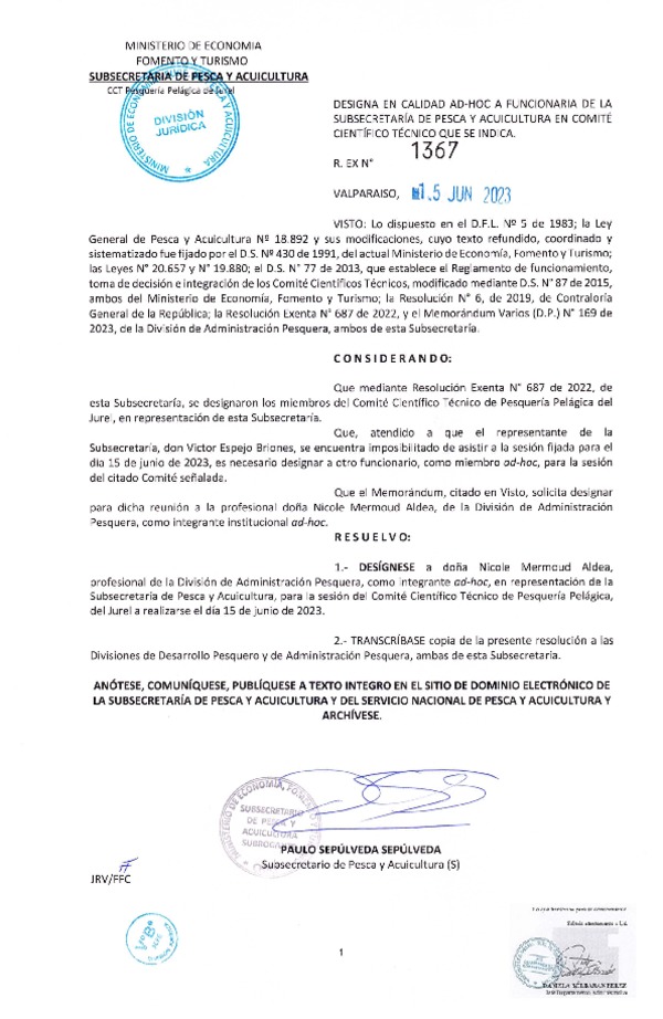 Res. Ex. N° 1367-2023 Designa en Calidad Ad-Hoc a funcionaria de la Subsecretaría de Pesca y Acuicultura en Comité Científico Técnico que se Indica, (Publicado en Página Web 15-06-2023)