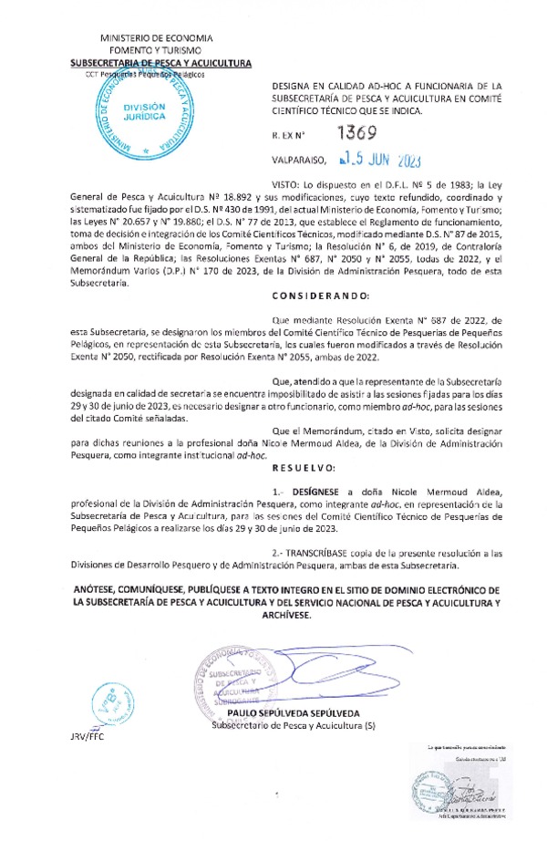 Res. Ex. N° 1369-2023 Designa en Calidad Ad-Hoc a funcionaria de la Subsecretaría de Pesca y Acuicultura en Comité Científico Técnico que se Indica, (Publicado en Página Web 15-06-2023)