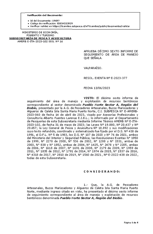 RESOL. EXENTA Nº E-2023-377 Aprueba 16° Seguimiento. (Publicado en Página Web 15-06-2023)