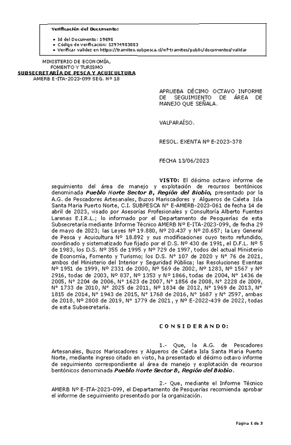 RESOL. EXENTA Nº E-2023-378 Aprueba 18° Seguimiento. (Publicado en Página Web 15-06-2023)