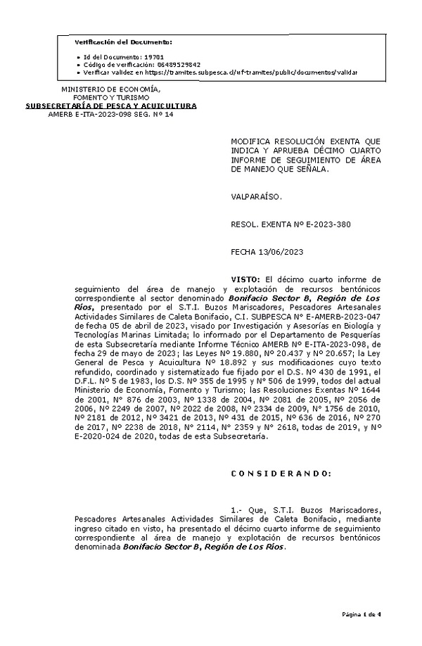 RESOL. EXENTA Nº E-2023-380 Modifica resolución que indica, Aprueba 14° Seguimiento. (Publicado en Página Web 15-06-2023)