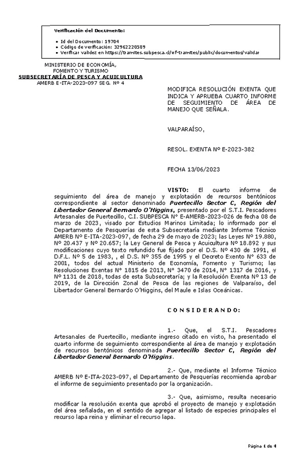 RESOL. EXENTA Nº E-2023-382 Modifica resolución que indica, Aprueba 4° Seguimiento. (Publicado en Página Web 15-06-2023)