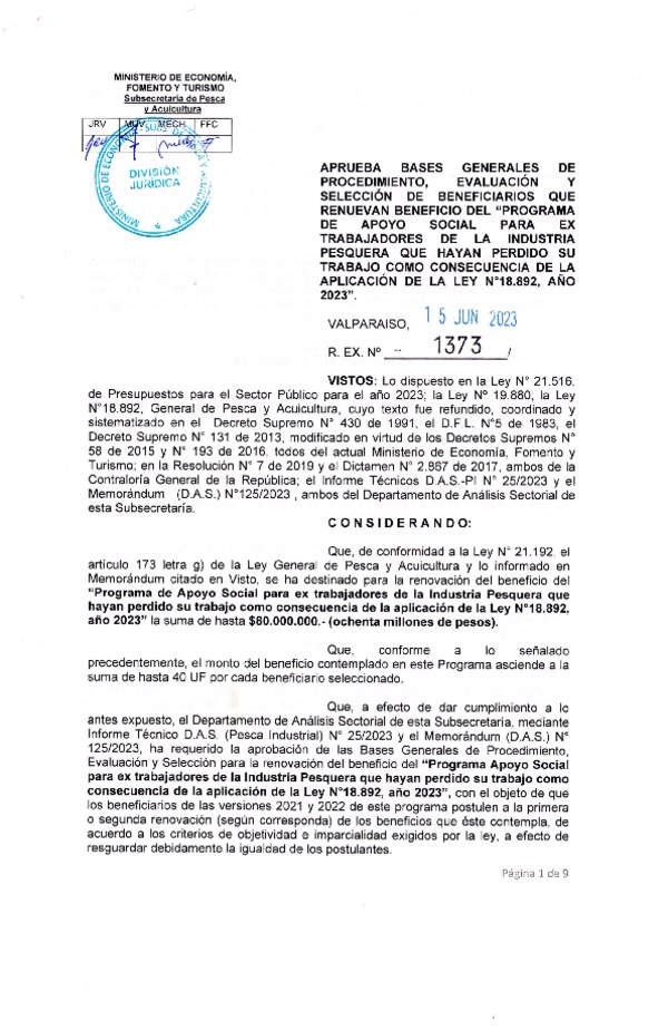 Res. Ex. N° 1373-2023 Aprueba bases generales de procedimiento, evaluación y selección de beneficiarios que renuevan beneficio del  programa que indica, Año 2023. (Publicado en Página Web 16-06-2023)