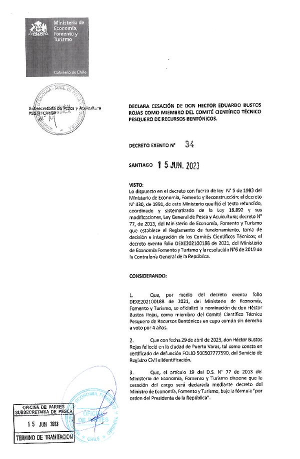 Dec. Ex. N° 34-2023 Declara cesación de Don Hector Eduardo Bustos Rojas Como Miembro del CCTP de Recursos Bentónicos. (Publicado en Página Web 19-06-2023)