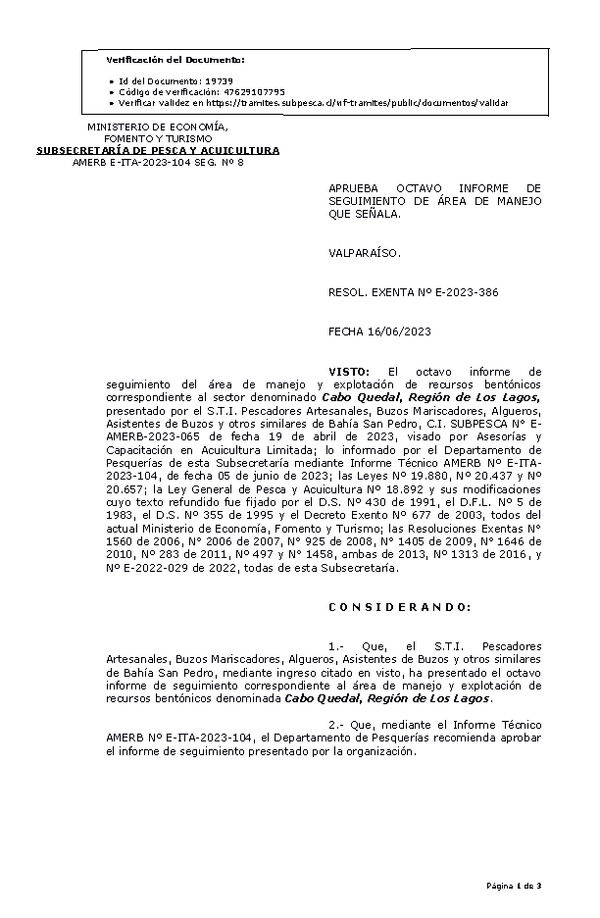 R. EX. Nº E-2023-386 APRUEBA OCTAVO INFORME DE SEGUIMIENTO DE ÁREA DE MANEJO QUE SEÑALA. (Publicado en Página Web 19-06-2023)