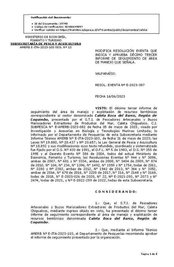 RESOL. EXENTA Nº E-2023-387 Modifica resolución que indica, Aprueba 13° seguimiento . (Publicado en Página Web 19-06-2023)