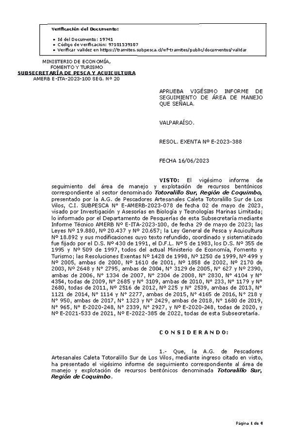 RESOL. EXENTA Nº E-2023-388 Aprueba 20° seguimiento . (Publicado en Página Web 19-06-2023)