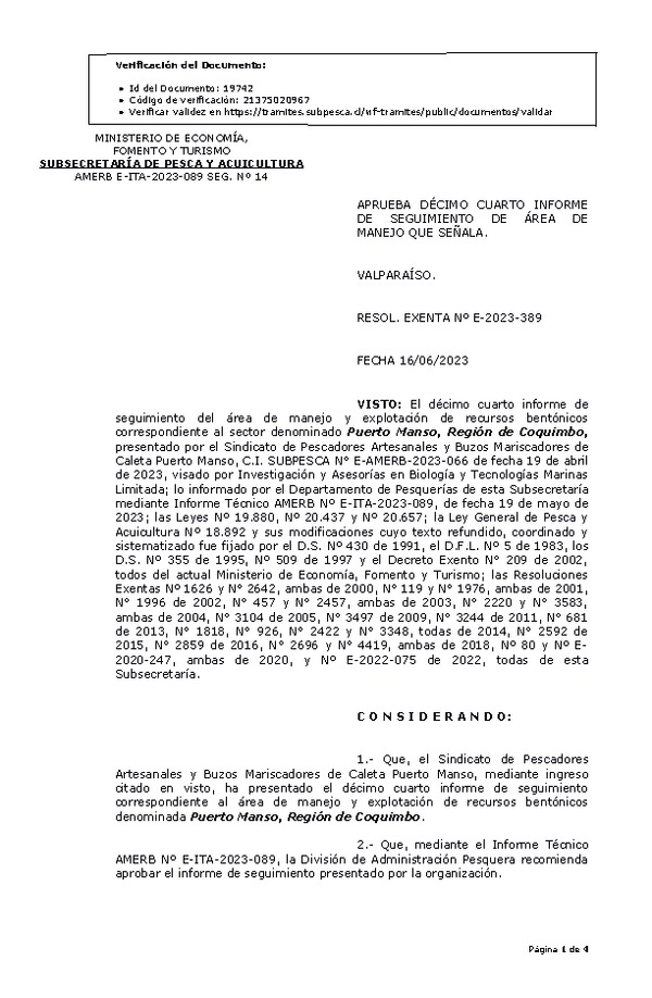 RESOL. EXENTA Nº E-2023-389 Aprueba 14° seguimiento . (Publicado en Página Web 19-06-2023)