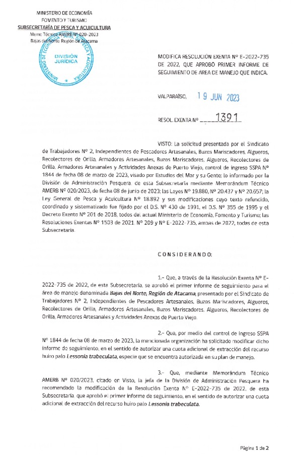 Res. EX. N° 1391-2023 Modifica RESOL. EXENTA Nº E-2022-735 Aprueba 1° Seguimiento. (Publicado en Página Web 20-06-2023)