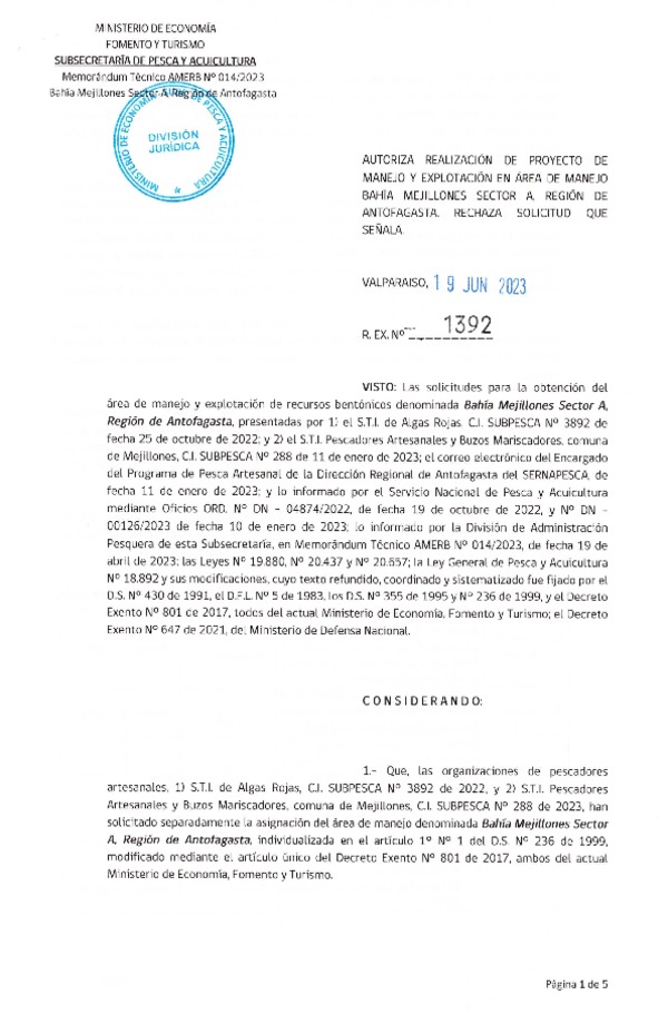 Res. Ex. N° 1392-2023 Autoriza realización de proyecto de manejo. Rechaza solicitud que señala. (Publicado en Página Web 20-06-2023)