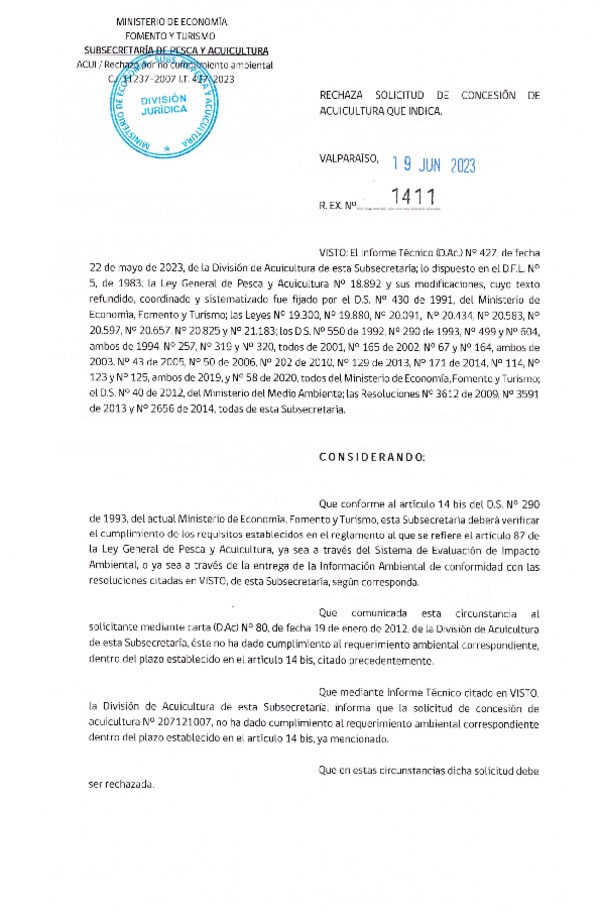 Res. Ex. N° 1411-2023 Rechaza solicitud de concesión de acuicultura que indica.