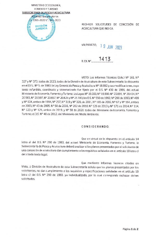 Res. Ex. N° 1413-2023 Rechaza solicitudes de concesión de acuicultura que indica.