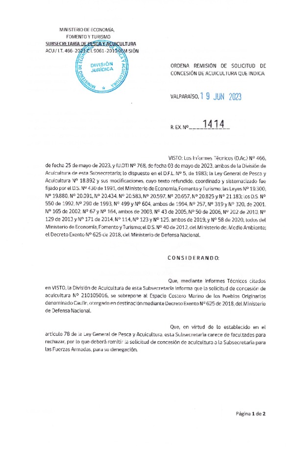 Res. Ex. N° 1414-2023 Ordena remisión de solicitud de concesión de acuicultura que indica.