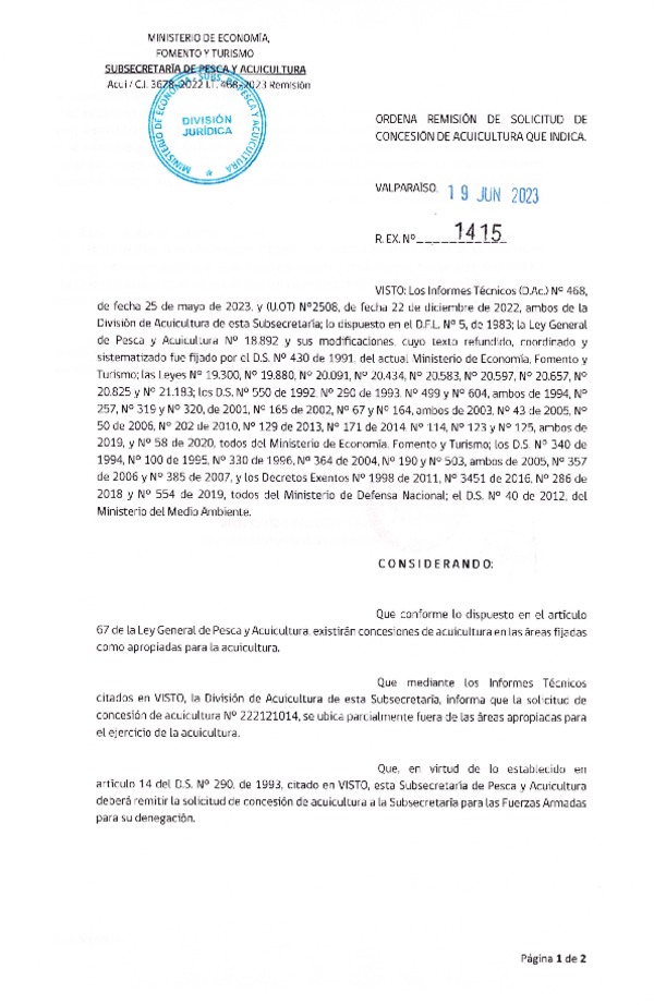 Res. Ex. N° 1415-2023 Ordena remisión de solicitud de concesión de acuicultura que indica.