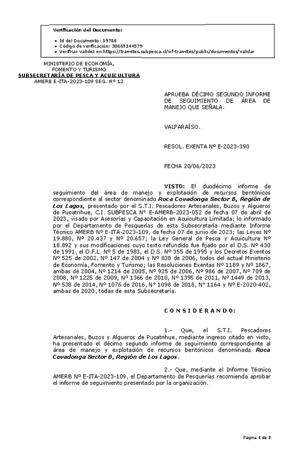 RESOL. EXENTA Nº E-2023-390 Aprueba 12° Seguimiento. (Publicado en Página Web 22-06-2023)