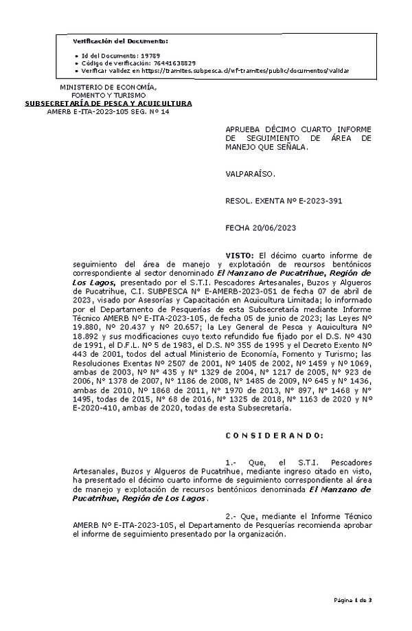 RESOL. EXENTA Nº E-2023-391 Aprueba 14° Seguimiento. (Publicado en Página Web 22-06-2023)