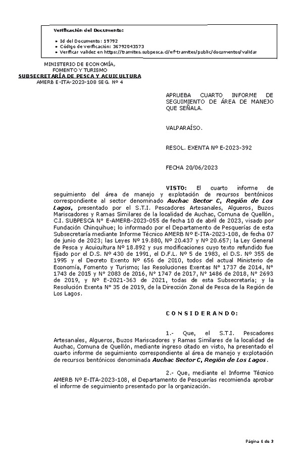 RESOL. EXENTA Nº E-2023-392 Aprueba 4° Seguimiento. (Publicado en Página Web 22-06-2023)