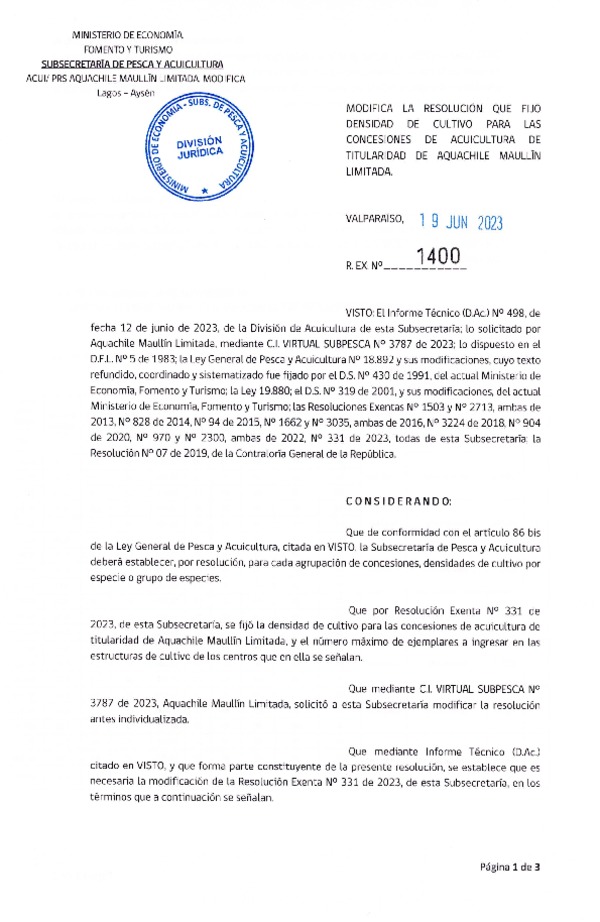 Res. Ex. N° 1400-2023 Modifica 	Res. Ex. N°0331-2023 Fija densidad de cultivo para las concesiones de Acuicultura de titularidad de Aquachile Maullín Ltda., Aprueba programa de manejo que indica. (Publicado en Página Web 22-06-2023)