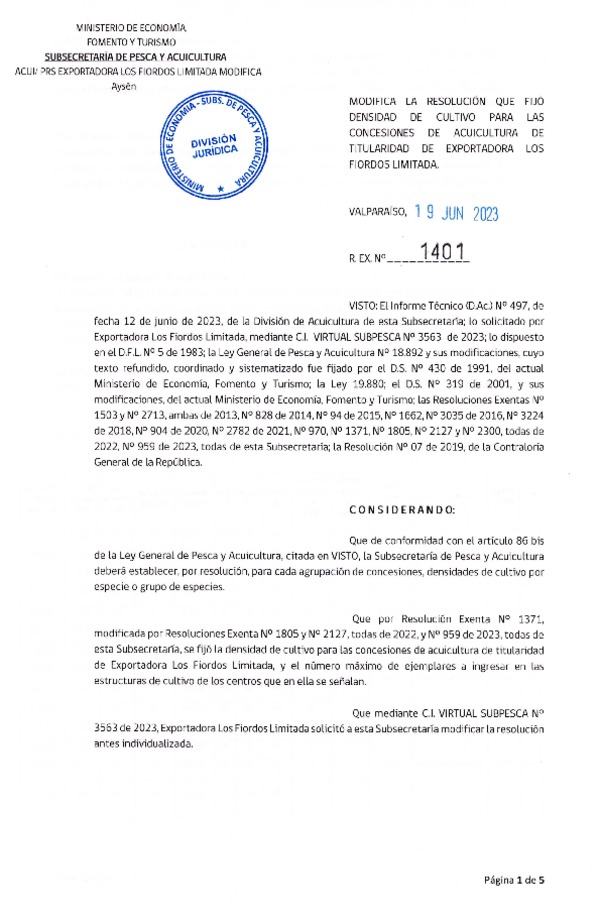 Res. Ex. N° 1401-2023 Modifica Res. Ex. N° 1371-2022 Fija densidad de cultivo para las concesiones de titularidad de Exportadora Los Fiordos Limitada. Aprueba programa de manejo que indica. (Con Informe Técnico) (Publicado en Página Web 22-06-2023)