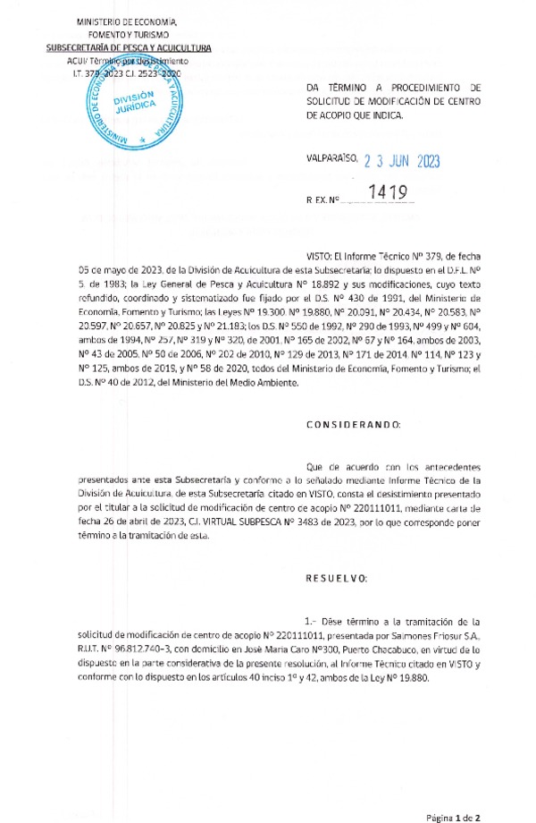 Res. Ex. N° 1419-2023 Da término a procedimiento de solicitud de modificación de centro de acopio que indica.