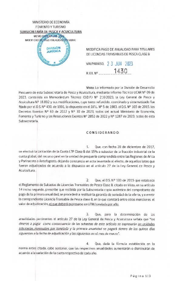 Res. Ex. N° 1430-2023 Modifica Pago de Anualidad para Titulares de LTP Clase B. (Publicado en Página Web 27-06-2023)