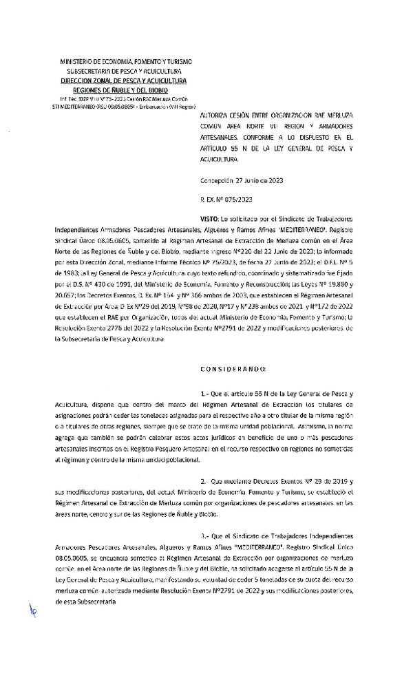 Res. Ex. N° 075-2023 (DZP Ñuble y del Biobío) Autoriza cesión Merluza común. (Publicado en Página Web 27-06-2023)
