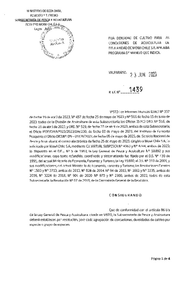 Res. Ex. N° 1439-2023 Fija densidad de cultivo para las concesiones de titularidad de Mowi Chile S.A. (Publicado en Página Web 29-06-2023)