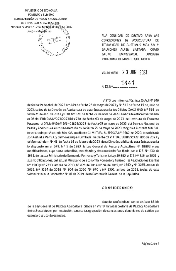 Res. Ex. N° 1441-2023 Fija densidad de cultivo para las concesiones de titularidad de Australis Mar S.A. y Salmones Alpen Limitada, como Grupo Empresarial. (Publicado en Página Web 29-06-2023)