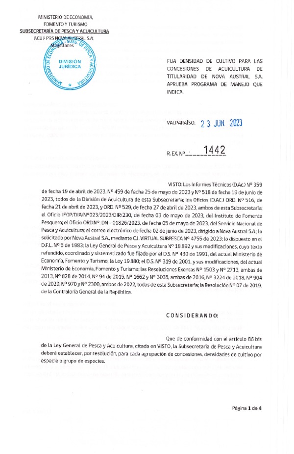 Res. Ex. N° 1442-2023 Fija densidad de cultivo para las concesiones de titularidad de Nova Austral S.A. (Publicado en Página Web 29-06-2023)