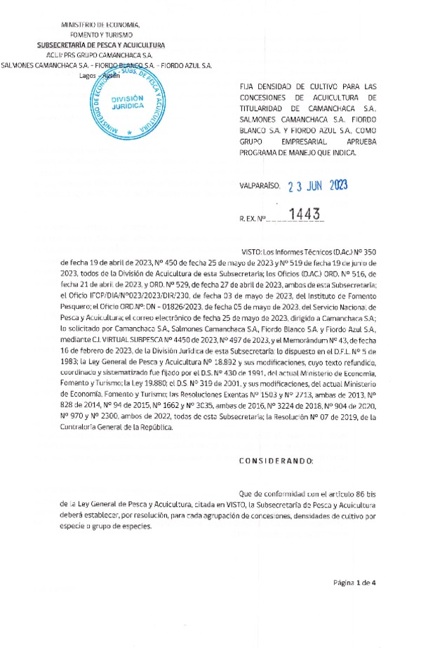 Res. Ex. N° 1443-2023 Fija densidad de cultivo para las concesiones de acuicultura de titularidad de Camanchaca S.A., Fiordo Blanco S.A. y Fiordo Azul S.A. (Publicado en Página Web 29-06-2023)